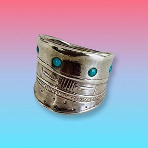 Vintage Wide Sterling Silver Turquoise Ring Handmade Israel